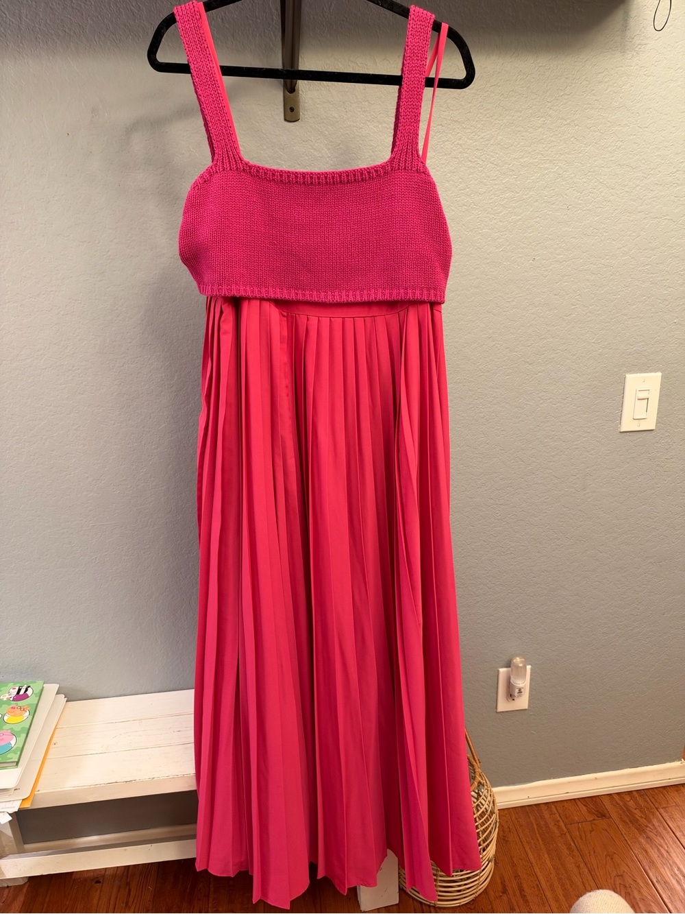 Anthropologie Vibrant Pink Knit-Bodice Pleated Maxi Dress